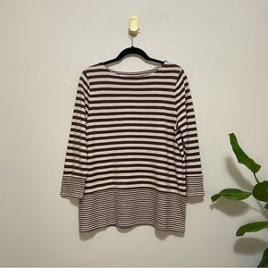 J. Jill Brown Striped Boatneck 3/4 Length Sleeve Top